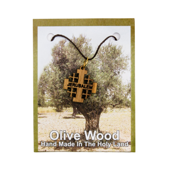Croix de cou de Jérusalem en bois d'olivier H. 2 cm avec cordon 70 cm sur carte présentoir.