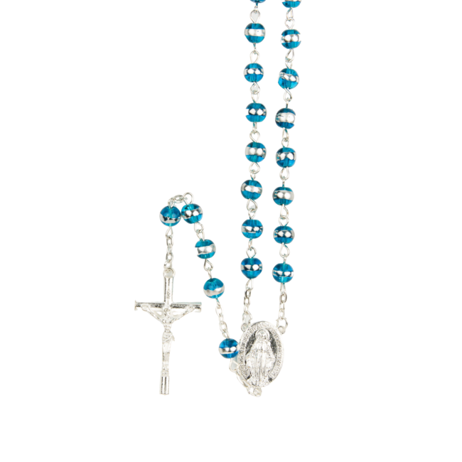 Chapelet grains oeil de chat, Ø 7 mm, chaîne couleur argentée, longueur au cœur 34 cm, croix avec Christ.