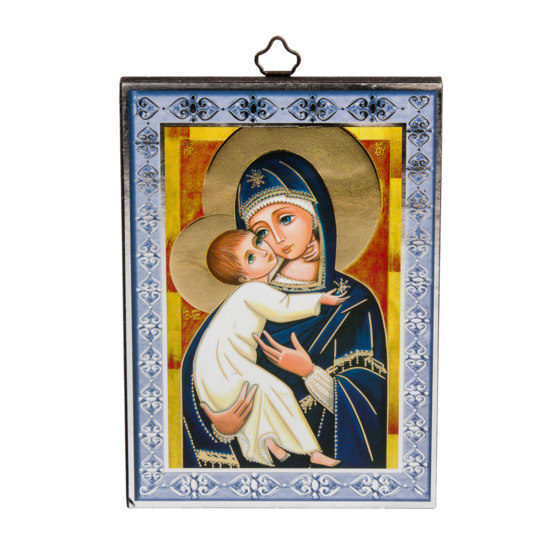Cadre en bois à suspendre H. 15 X 10 cm avec liseret argenté et image collée de la Vierge de tendresse.
