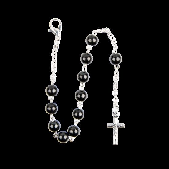 Bracelet dizainier sur chaîne couleur argentée grains ronds en hématite, Ø 3 mm, avec croix métal.