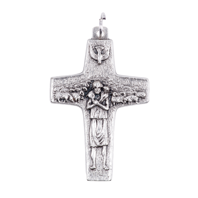 Croix du bon pasteur, croix du Pape François en métal couleur argentée H. 3,8 cm.