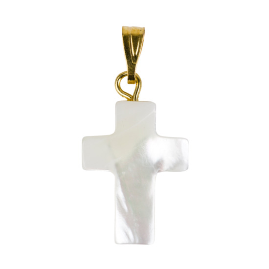 Croix de cou en nacre avec belière couleur dorée H. 1,8 cm - livrée en boîte.