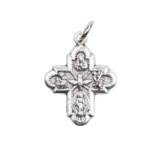 Croix de cou des saints protecteurs double face en métal couleur argentée H. 2,7 cm.