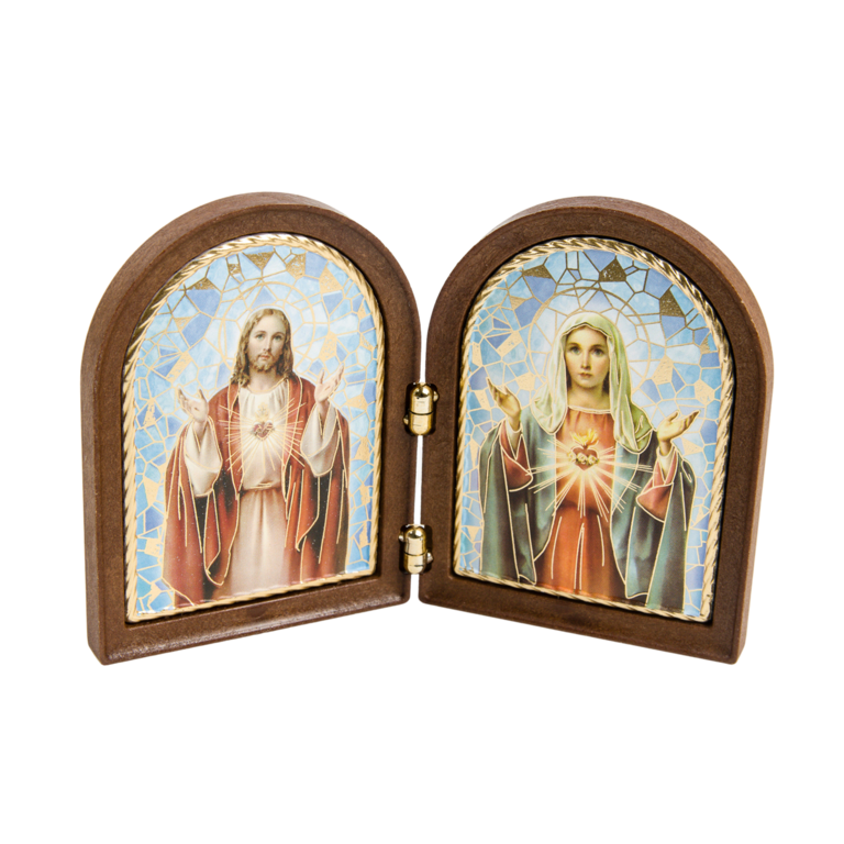 Diptyque en plastique recouleur dorée à la feuille d´or, image plastifiée avec bénédiction H.7x10.5 cm, plusieurs saints.