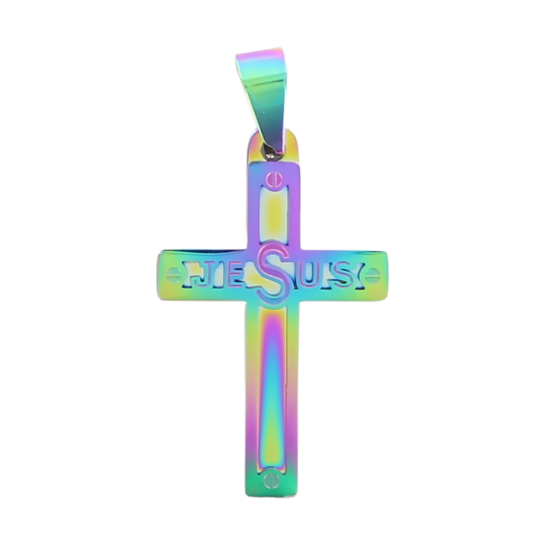 Croix de cou couleur arc en ciel, texte découpé : Jésus, en acier inoxydable H. 3,1 cm.