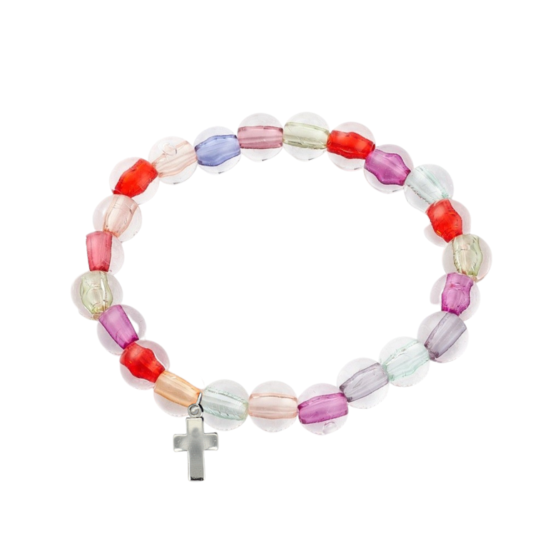 Bracelet sur élastique enfant/mère grains multicolores et transparents Ø 7 mm. LOT DE 2