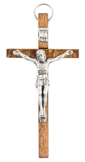 Crucifix bois clair avec Christ métal couleur argentée - H. 8 cm.