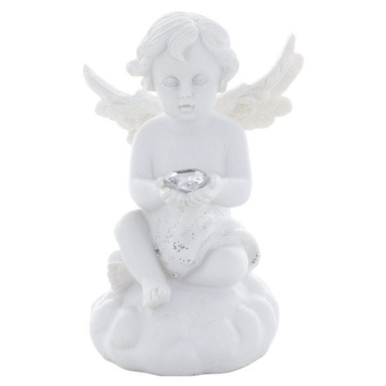 Ange blanc en résine, assis sur un nuage avec coeur LED (piles incluses) H. 11 cm.