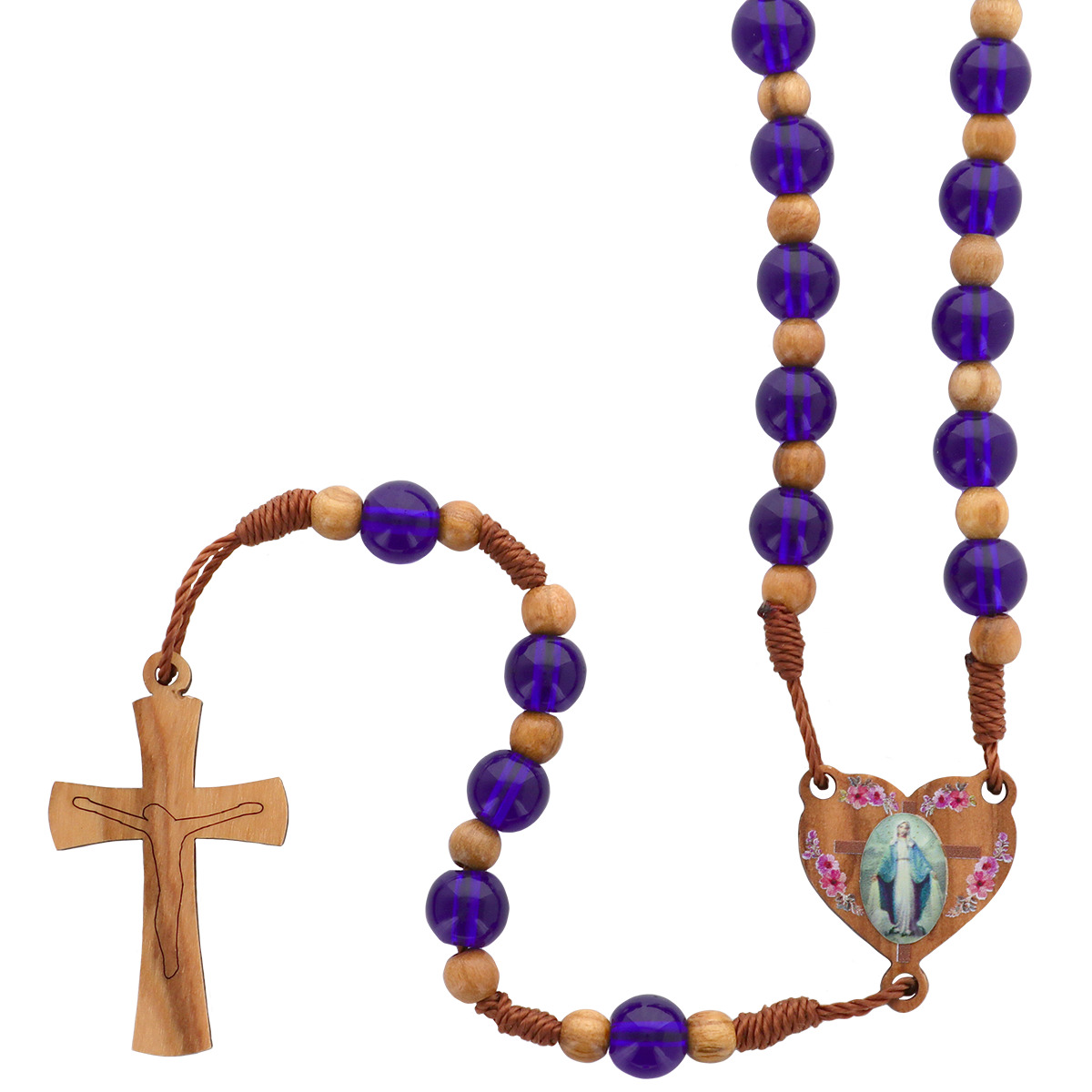 Chapelet sur corde grains en verre Ø 7-8 mm, longueur au coeur 38 cm, croix et coeur en bois d'olivier. Différentes couleurs.