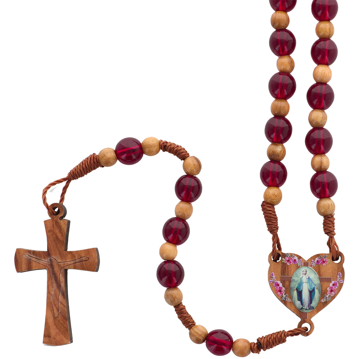 Chapelet sur corde grains en verre Ø 7-8 mm, longueur au coeur 38 cm, croix et coeur en bois d'olivier. Différentes couleurs.