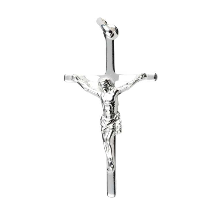 Croix de cou bâton en argent 925 °/°° avec Christ H. 3 cm (1,10 g). Livrée en boîte