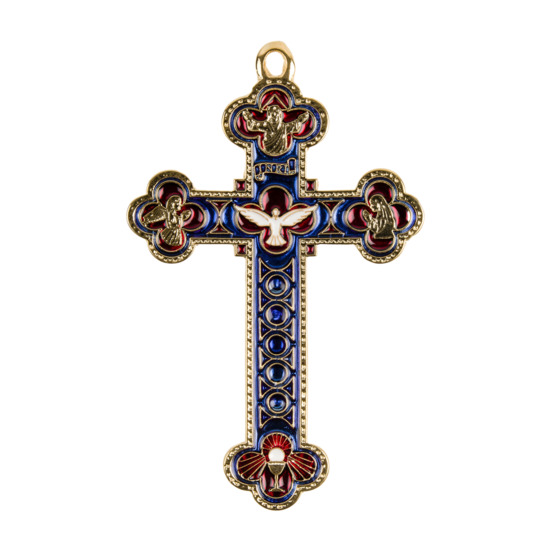 Croix baroque couleur dorée et émaillée en bleu et rouge.