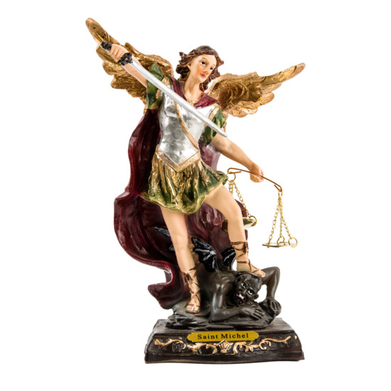 Statue résine peinte à la main de St Michel avec balance de la justice Hauteur 40 cm