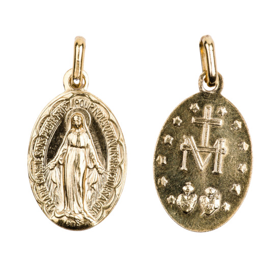 Médaille métal couleur dorée H. 1,9 cm de la Vierge Miraculeuse inscription en Français.