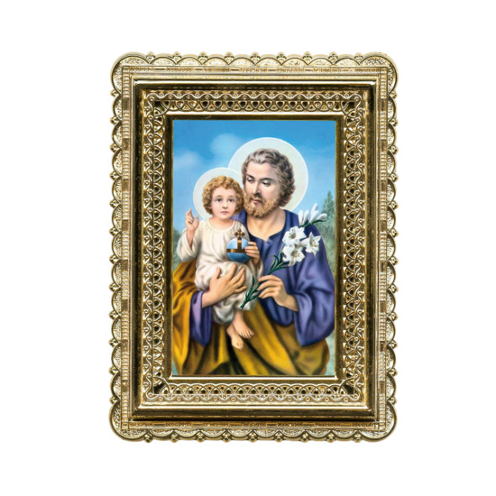 Cadre couleur dorée bord dentelle en plastique H.12 x 9,6 cm avec image, plusieurs saints.
