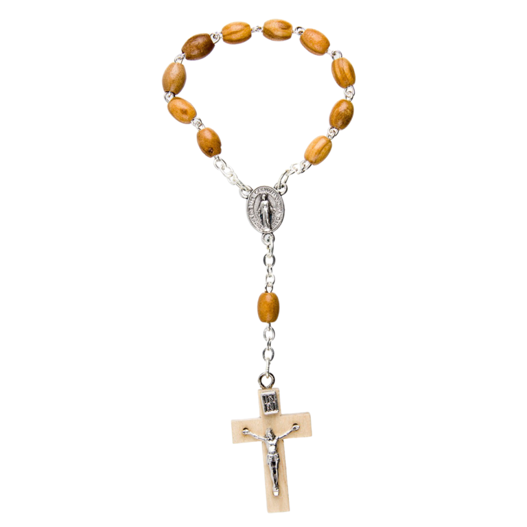 Dizainier sur chaîne en bois d'olivier ovale Ø 7 mm, croix bois avec Christ.