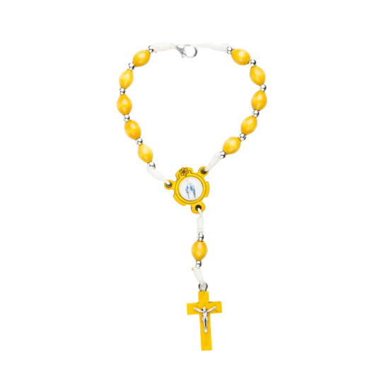 Dizainier sur corde en bois jaune Ø 7 mm, fermoir, résine VM croix bois avec Christ.