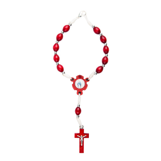 Dizainier sur corde en bois rouge Ø 7 mm, fermoir, résine VM croix bois avec Christ.