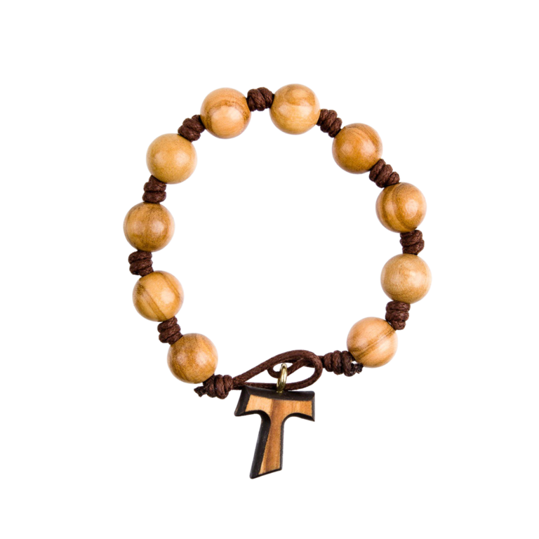 Bracelet dizainier sur corde grains ronds en bois d'olivier, Ø 1 cm, croix de Tau.