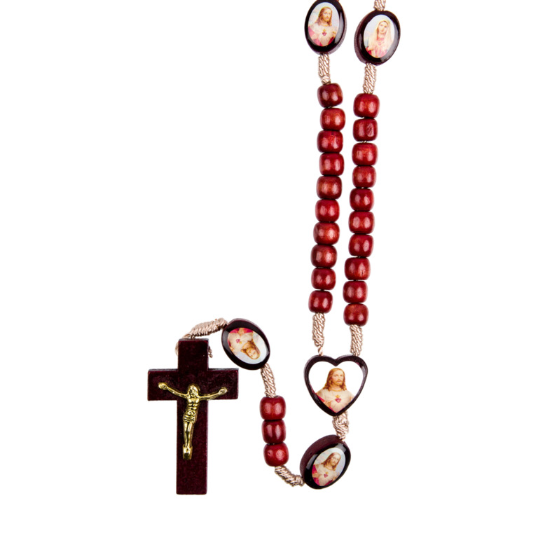 Chapelet grains bois Ø 7 mm, pater et coeur avec image du saint, longueur au cœur 23 cm, croix avec Christ métal
