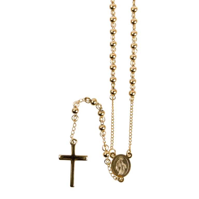 Chapelet en acier inoxydable couleur dorée, grains Ø 5 mm, longueur au cœur 32 cm, croix sans Christ plus boîte.