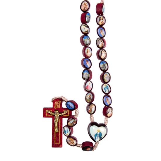 Chapelet des Saints, grains bois double face sur corde, Ø 8 mm, longueur au cœur 31 cm, croix avec Christ métal.
