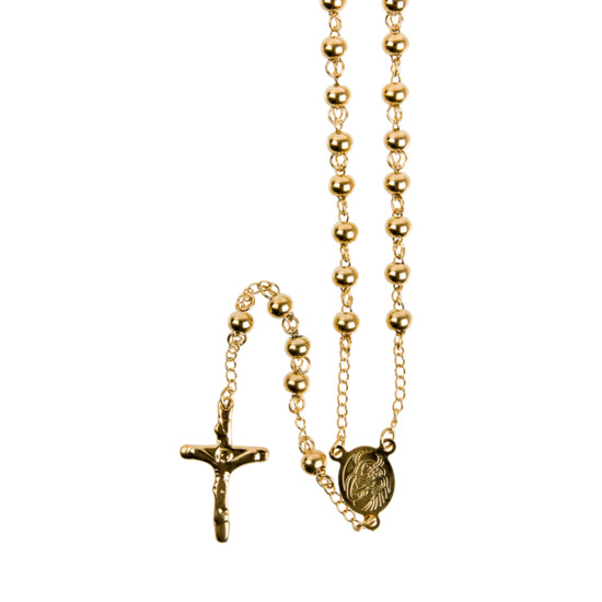 Chapelet en acier inoxydable couleur dorée, grains Ø 6 mm, longueur au cœur 31 cm, croix avec Christ plus boîte.