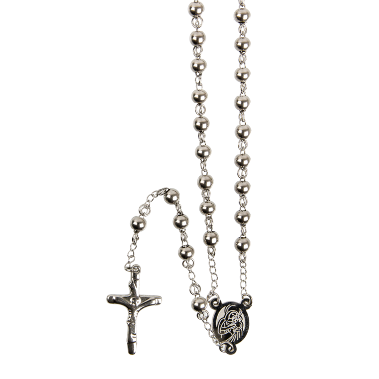 Chapelet en acier inoxydable couleur argentée, grains Ø 6 mm, longueur au cœur 31 cm, croix avec Christ plus boîte.
