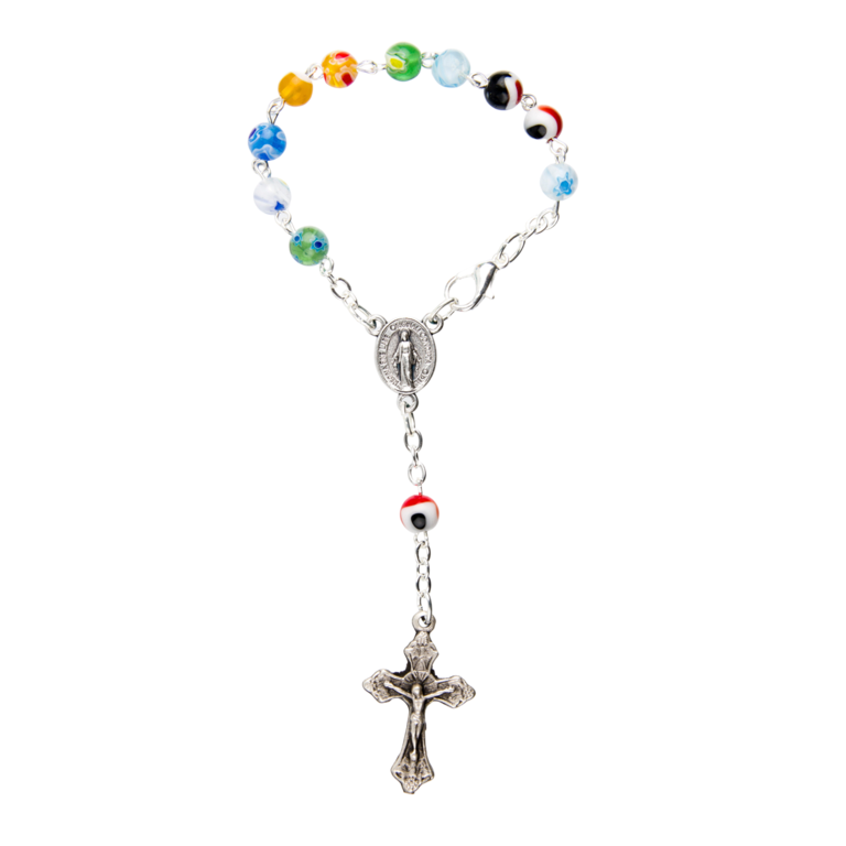 Dizainier sur chaîne en verre style Murano multicolore Ø 7 mm croix métal avec Christ.