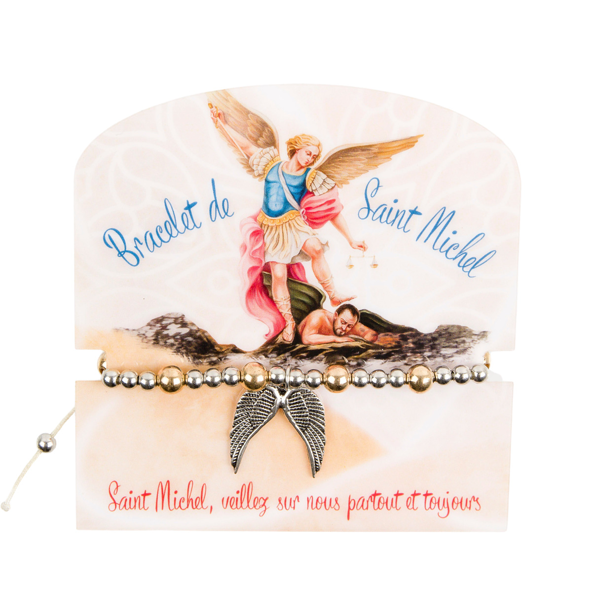 Bracelet sur corde réglable de saint Michel médaille forme ailes Ø 4 mm, avec carte prière - couleurs assorties