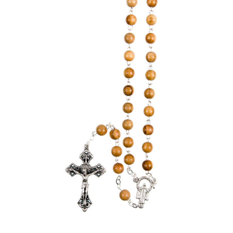 Chapelet grains en bois d´olivier, Ø 7 mm, chaîne couleur argentée,  longueur au cœur 30 cm, croix avec Christ.