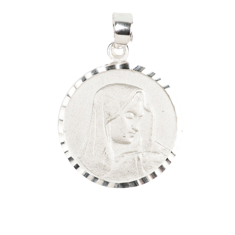 Médaille en argent 925 °/°° visage de la Vierge, bord festonné Ø 1,7 cm (2,12 g). Livrée en boîte. 