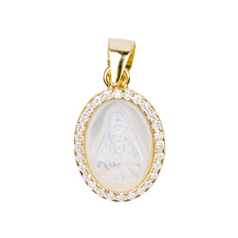 Médaille en plaqué or du coeur de Marie en nacre, sertie zirconium Ø 1.8 cm. Livrée en boîte.