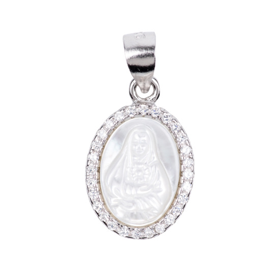 Médaille en argent 925 °/°° du coeur de Marie en nacre, sertie zirconium Ø 1.8 cm (1,24 g). Livrée en boîte.