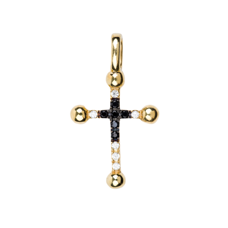 Croix de cou en plaqué or avec zirconium noir et blanc sertis H. 1,9 cm. Livrée en boîte.