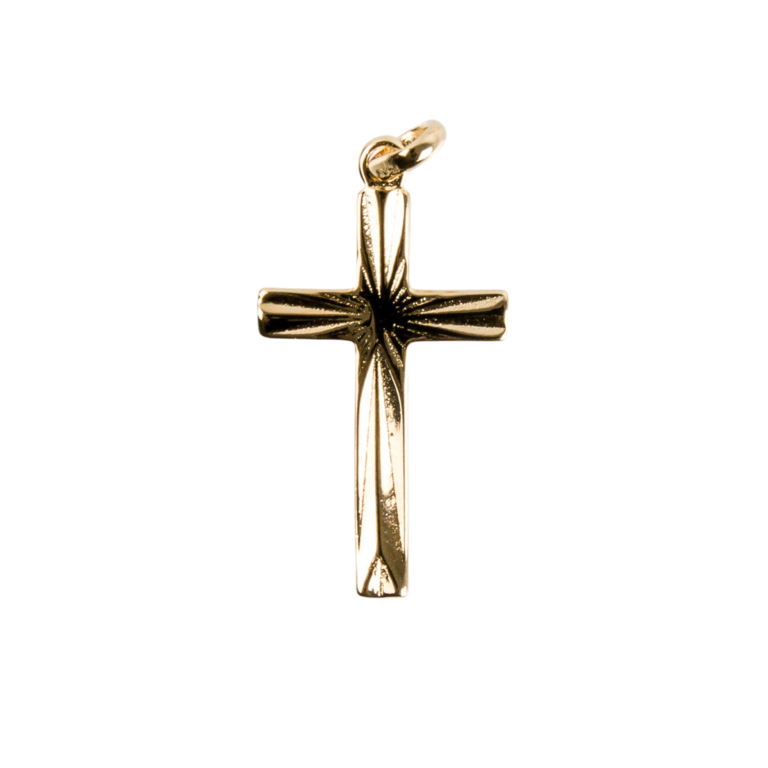 Croix de cou striée en plaqué or H. 2,5 cm. Livrée en boîte.