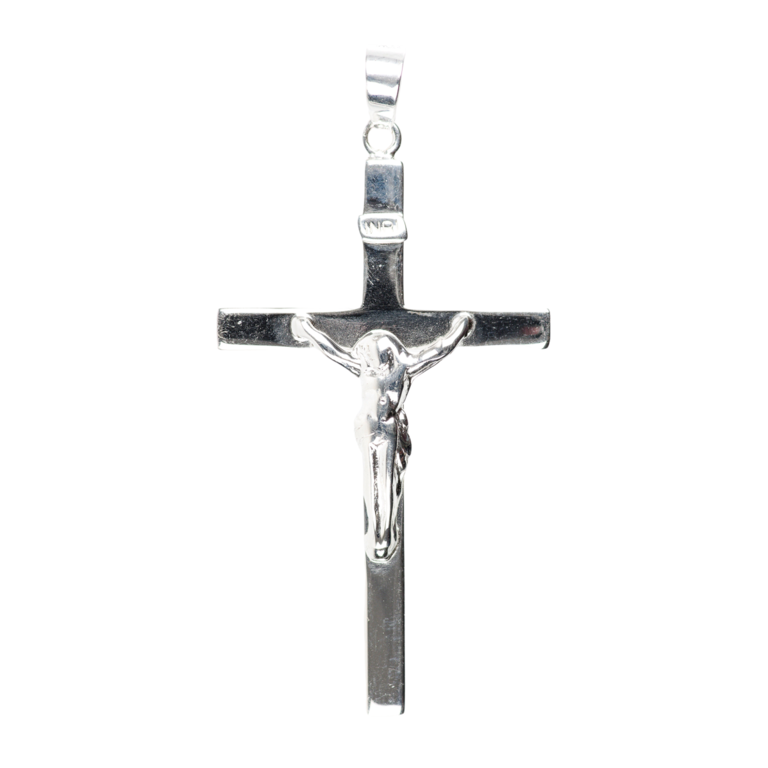 Croix de cou plate avec Christ en argent 925°/°°  H. 2,7 cm (1,99 g). Livrée en boîte.