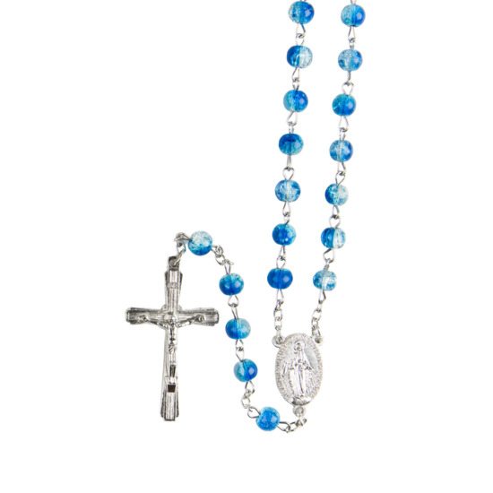 Chapelet grains bicolore transparents, Ø 7 mm, chaîne couleur argentée, longueur au cœur 34 cm, croix avec Christ.