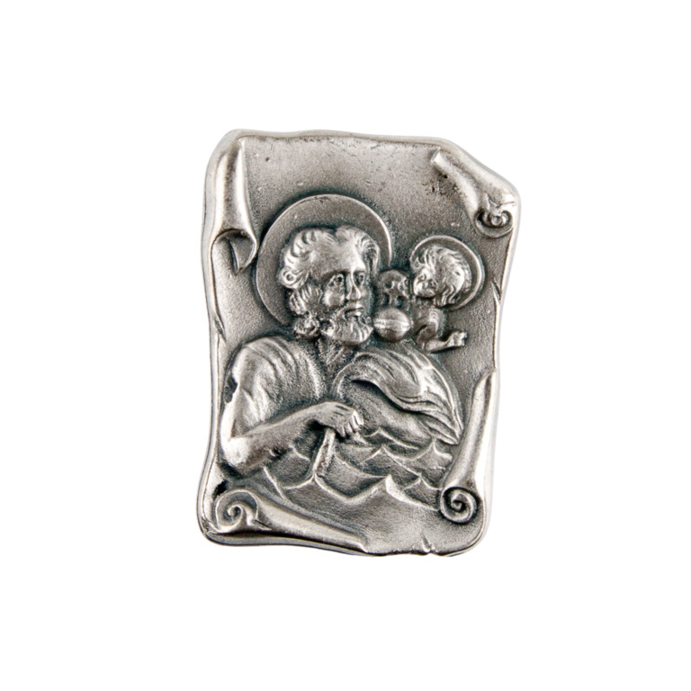 Plaque auto de saint Christophe H. 3 cm forme parchemin en métal argenté