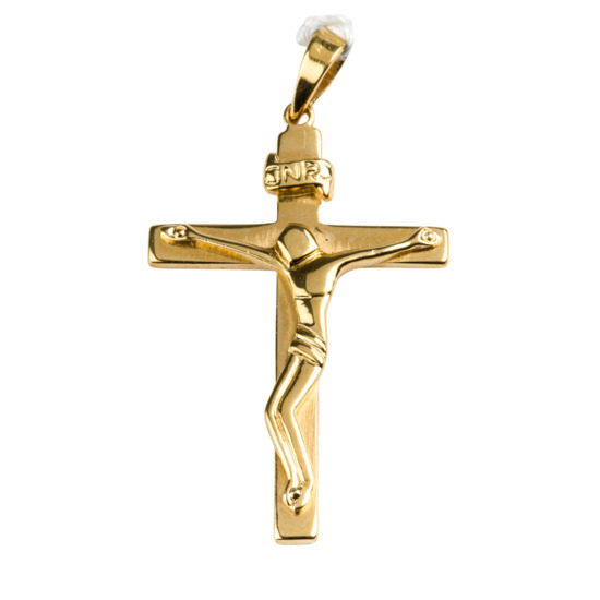 Croix de cou bâton en plaqué or avec Christ moderne H. 3,7 cm. Livrée en boîte