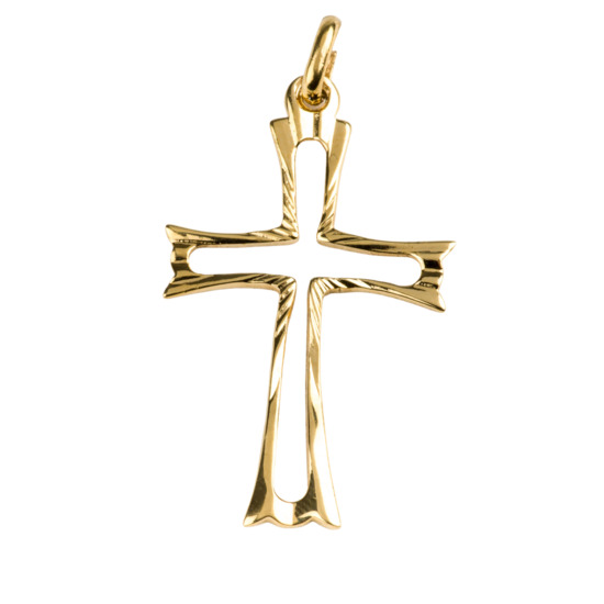 Croix de cou évidée en plaqué or H. 3,4 cm. Livrée en boîte