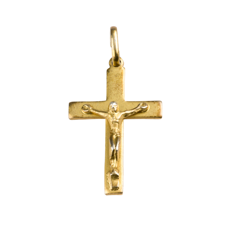 Croix de cou plate en plaqué or avec Christ en relief H. 2,5 cm. Livrée en boîte