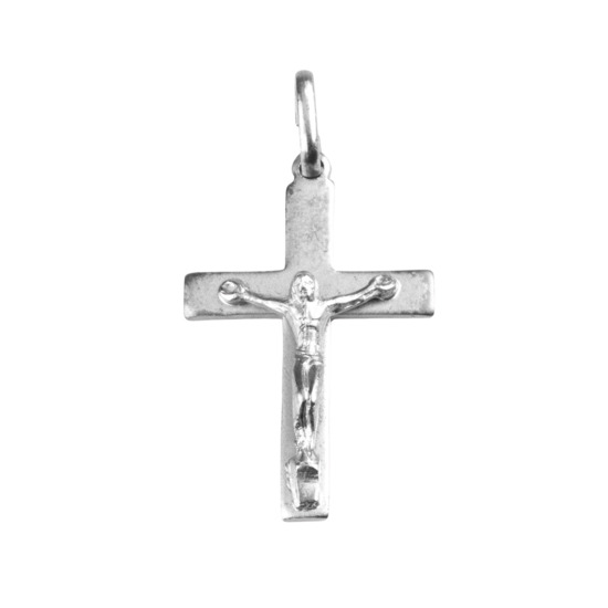 Croix de cou plate en argent 925 °/°° avec Christ en relief H. 2,5 cm (1,36 g). Livrée en boîte