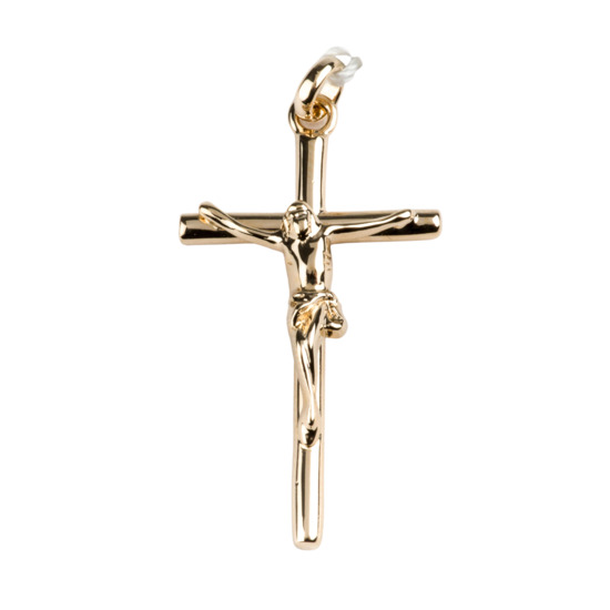 Croix de cou en plaqué or avec Christ H. 3,5 cm. Livrée en boîte