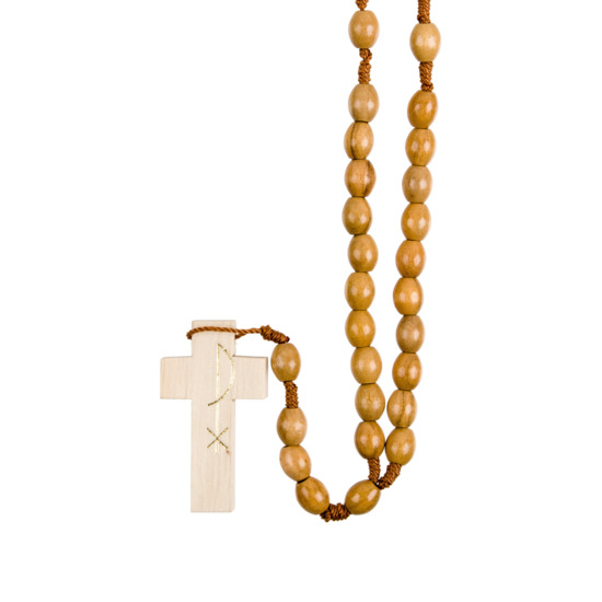 Chapelet grains en bois d'olivier sur corde Ø 9 mm, longueur au cœur 26 cm, croix imprimée PAX.