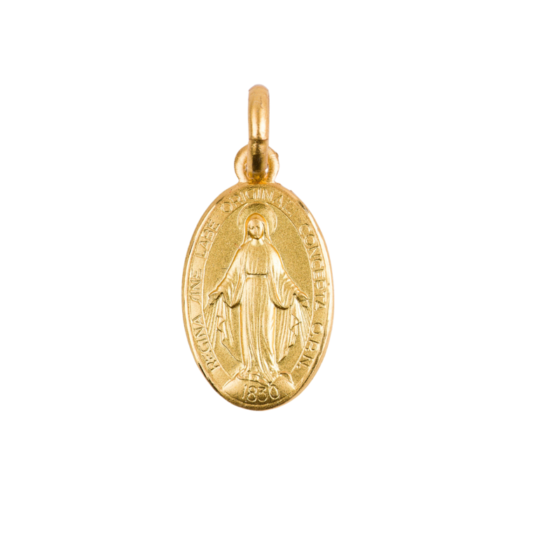 Médaille en plaqué or de la Vierge Miraculeuse - texte en Latin H. 1,5 cm. Livrée en boîte