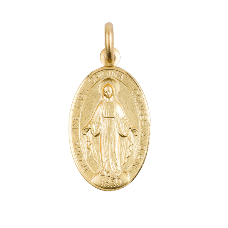 Médaille en plaqué or de la Vierge Miraculeuse - texte en Latin H. 2 cm. Livrée en boîte