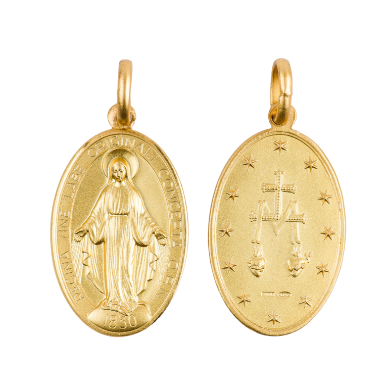 Médaille en plaqué or de la Vierge Miraculeuse - texte en Latin H. 2,7 cm. Livrée en boîte