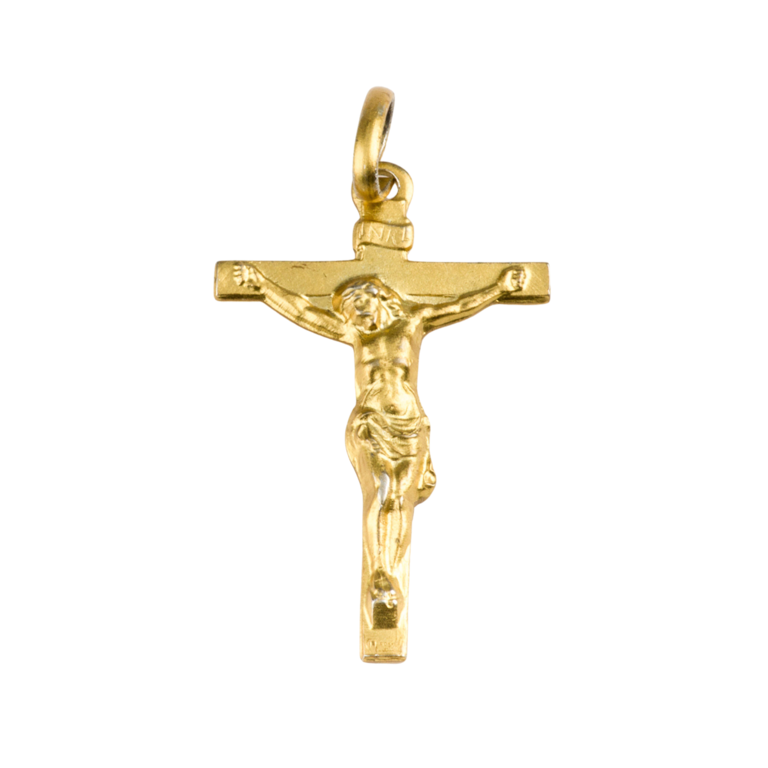 Croix de cou en plaqué or avec Christ H. 2,5 cm. Livrée en boîte