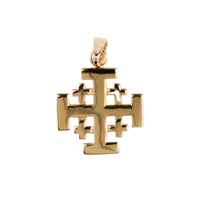 Croix de cou de Jérusalem en plaqué or H. 1,5 cm. Livrée en boîte